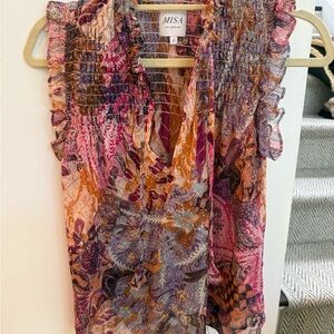 MISA Los Angeles Women's Pink & Orange Paisley Ruffled Sleeveless Top